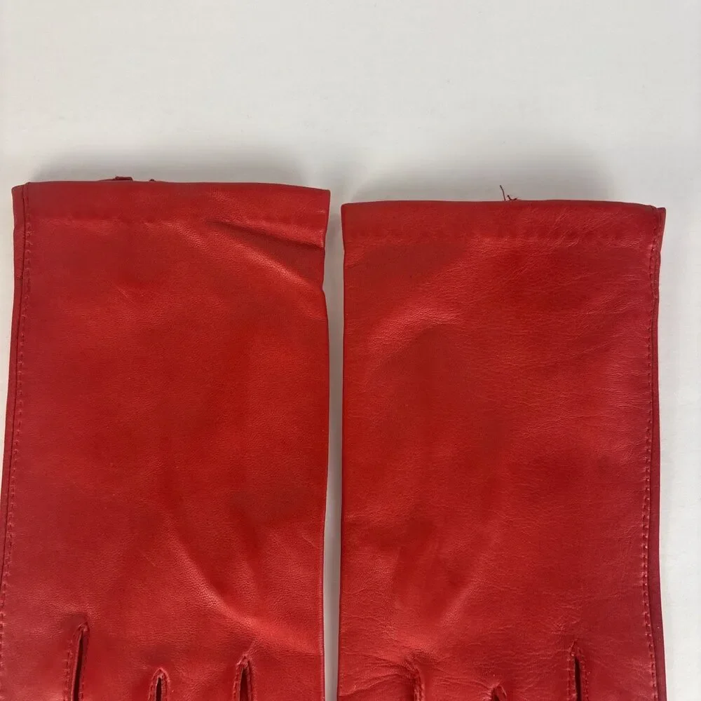 VTG Aris Women's Gloves Red Leather 100% Silk Lined Size 7 1/2 Wrist Length